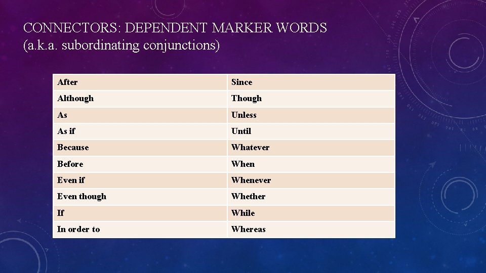 CONNECTORS: DEPENDENT MARKER WORDS (a. k. a. subordinating conjunctions) After Since Although Though As