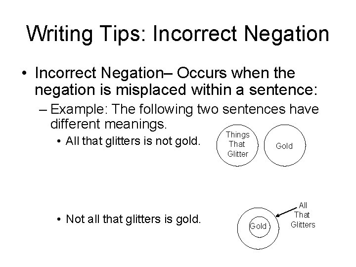 Writing Tips: Incorrect Negation • Incorrect Negation– Occurs when the negation is misplaced within