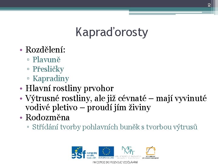 2 Kapraďorosty • Rozdělení: ▫ Plavuně ▫ Přesličky ▫ Kapradiny • Hlavní rostliny prvohor