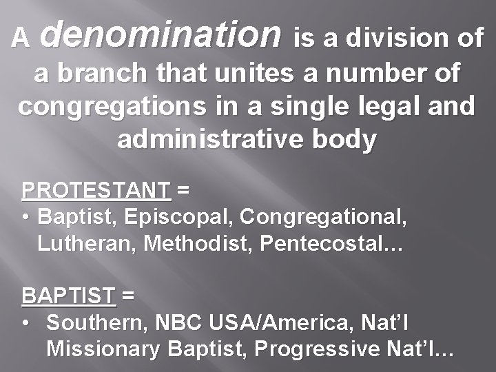A denomination is a division of a branch that unites a number of congregations