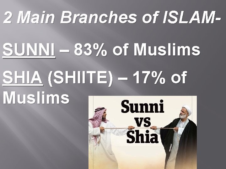 2 Main Branches of ISLAMSUNNI – 83% of Muslims SHIA (SHIITE) – 17% of