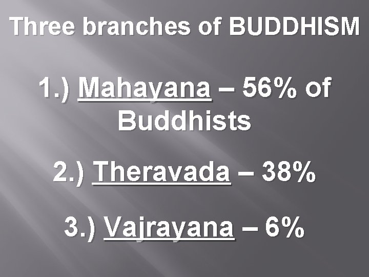 Three branches of BUDDHISM 1. ) Mahayana – 56% of Buddhists 2. ) Theravada