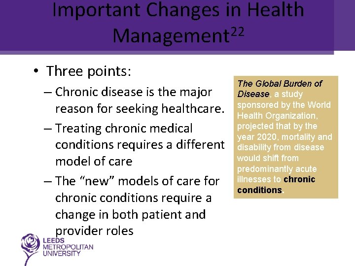 Important Changes in Health Management 22 • Three points: – Chronic disease is the