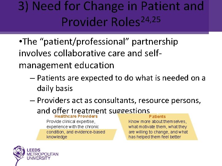 3) Need for Change in Patient and Provider Roles 24, 25 • The “patient/professional”