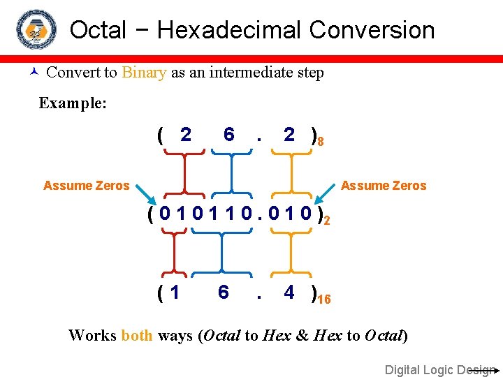 Octal − Hexadecimal Conversion Convert to Binary as an intermediate step Example: ( 2