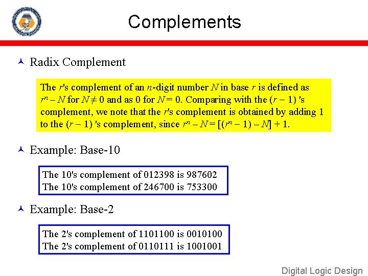 Complements Radix Complement The r's complement of an n-digit number N in base r