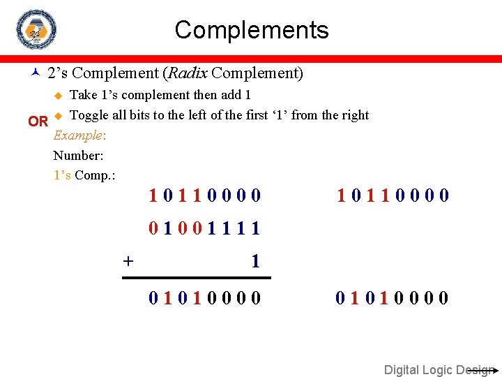 Complements 2’s Complement (Radix Complement) Take 1’s complement then add 1 OR u Toggle