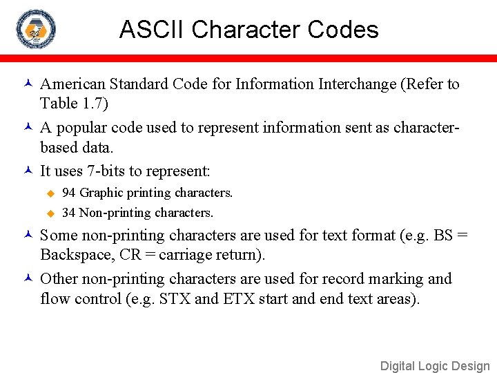 ASCII Character Codes American Standard Code for Information Interchange (Refer to Table 1. 7)