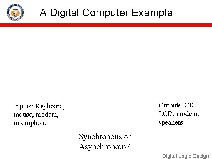A Digital Computer Example Outputs: CRT, LCD, modem, speakers Inputs: Keyboard, mouse, modem, microphone