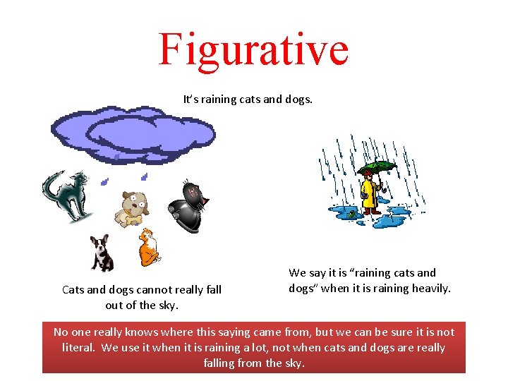 Figurative It’s raining cats and dogs. Cats and dogs cannot really fall out of