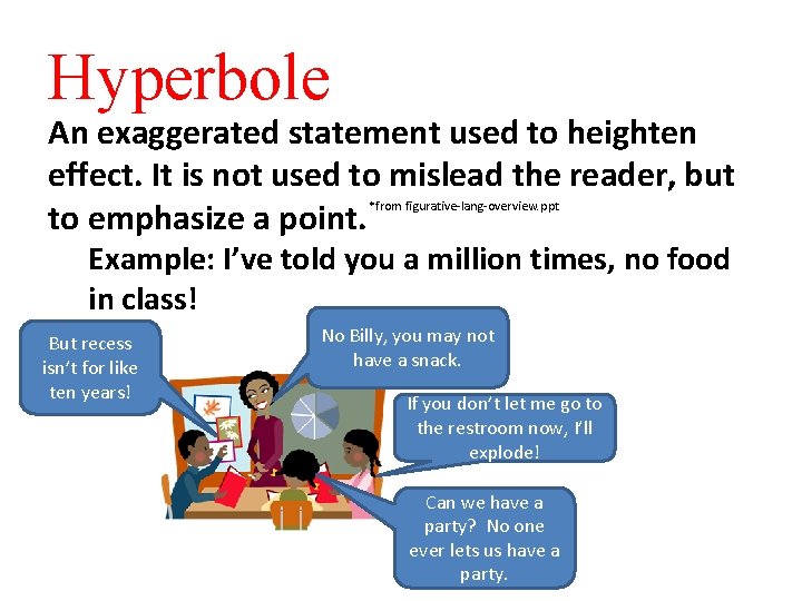 Hyperbole An exaggerated statement used to heighten effect. It is not used to mislead