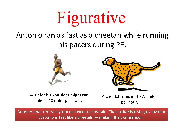 Figurative Antonio ran as fast as a cheetah while running his pacers during PE.