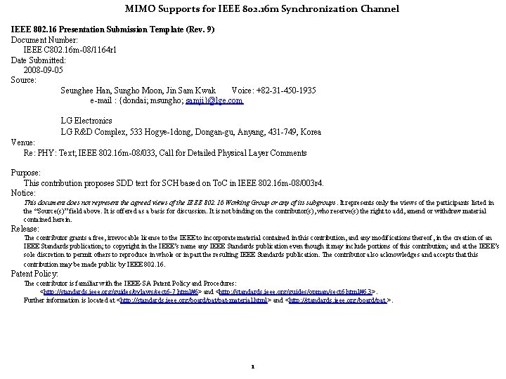 MIMO Supports for IEEE 802. 16 m Synchronization Channel IEEE 802. 16 Presentation Submission