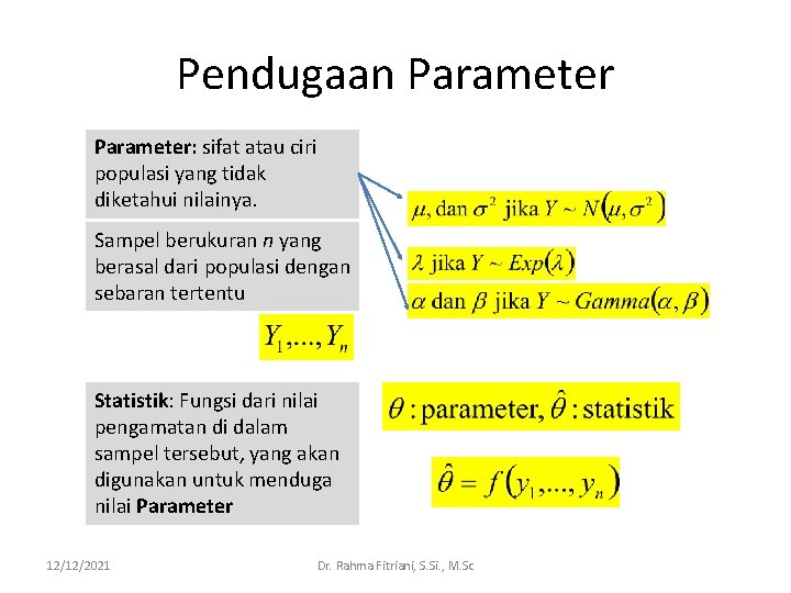 Pendugaan Parameter: sifat atau ciri populasi yang tidak diketahui nilainya. Sampel berukuran n yang