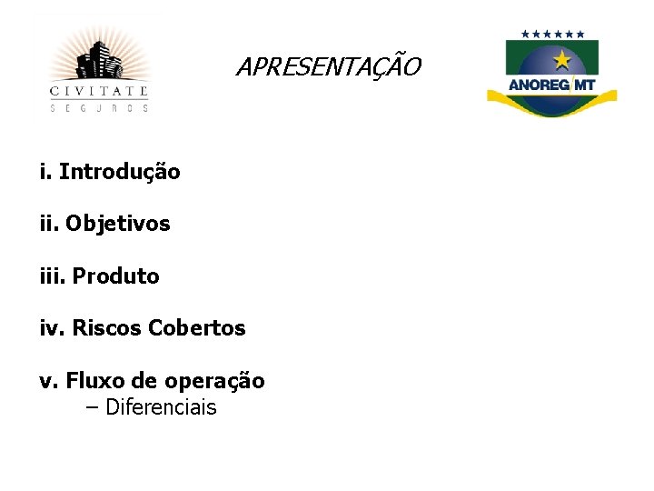 APRESENTAÇÃO i. Introdução ii. Objetivos iii. Produto iv. Riscos Cobertos v. Fluxo de operação