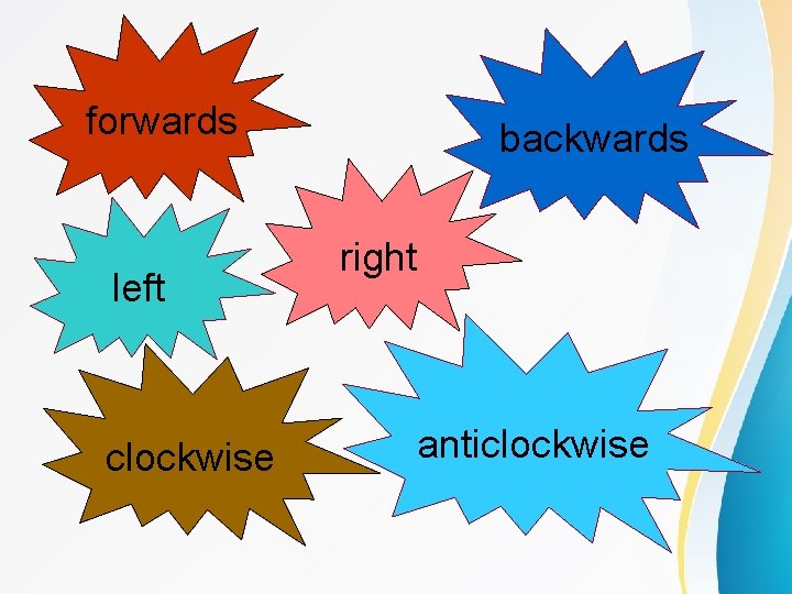 forwards left clockwise backwards right anticlockwise 