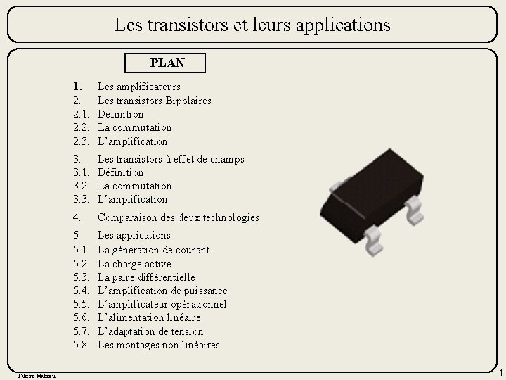 Les transistors et leurs applications PLAN 1. Les amplificateurs 2. Les transistors Bipolaires 2.