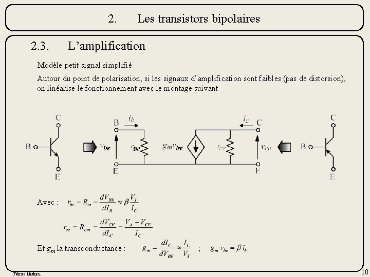 2. 2. 3. Les transistors bipolaires L’amplification Modèle petit signal simplifié Autour du point