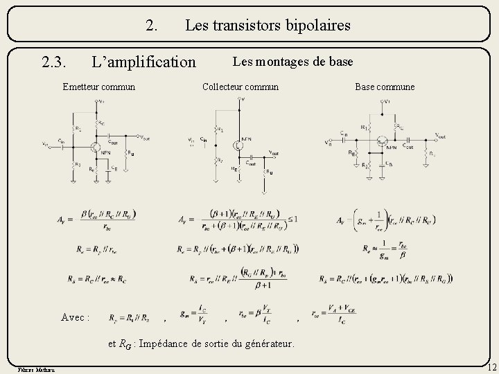 2. 2. 3. Les transistors bipolaires L’amplification Emetteur commun Les montages de base Collecteur