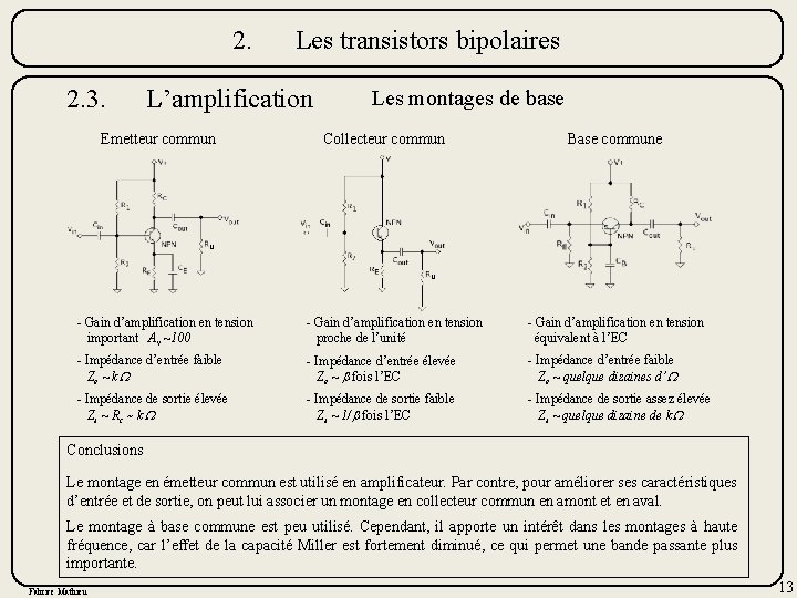 2. 2. 3. Les transistors bipolaires L’amplification Emetteur commun Les montages de base Collecteur