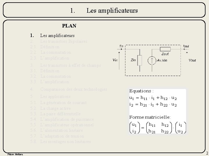 1. Les amplificateurs PLAN 1. Les amplificateurs 2. Les transistors Bipolaires 2. 1. Définition