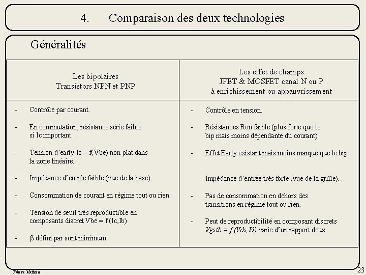 4. Comparaison des deux technologies Généralités Les effet de champs JFET & MOSFET canal