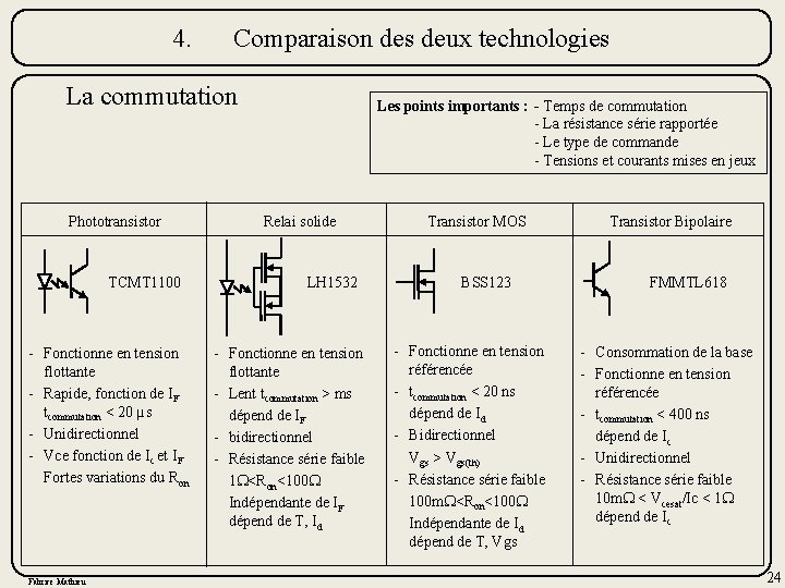 4. Comparaison des deux technologies La commutation Phototransistor TCMT 1100 - Fonctionne en tension