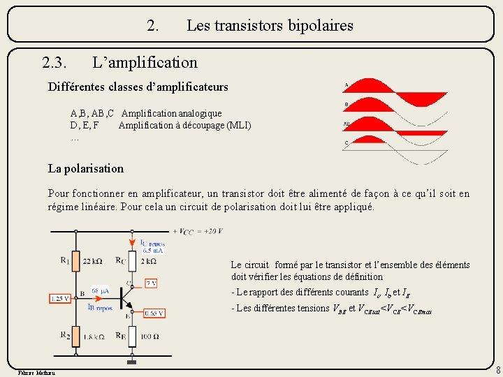 2. 2. 3. Les transistors bipolaires L’amplification Différentes classes d’amplificateurs A, B, AB, C