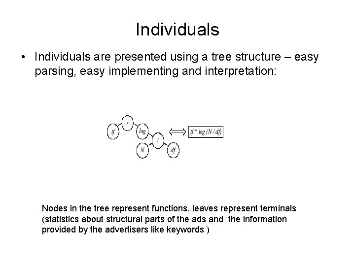 Individuals • Individuals are presented using a tree structure – easy parsing, easy implementing