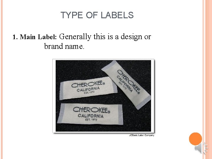 TYPE OF LABELS 1. Main Label: Generally this is a design or brand name.