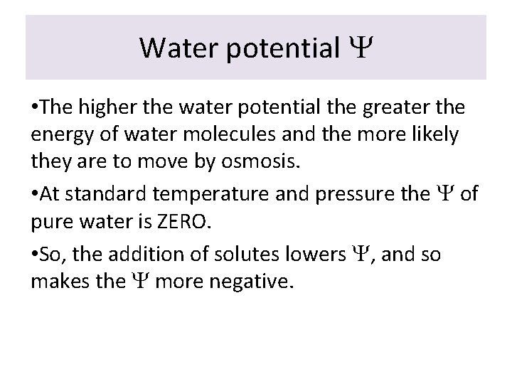 Water potential • The higher the water potential the greater the energy of water