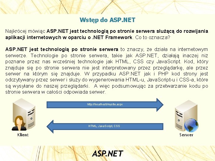 Wstęp do ASP. NET Najkrócej mówiąc ASP. NET jest technologią po stronie serwera służącą