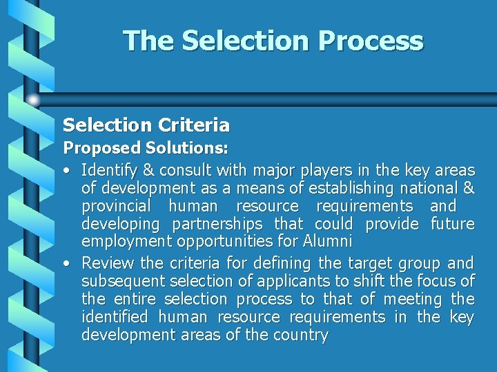 The Selection Process Selection Criteria Proposed Solutions: • Identify & consult with major players