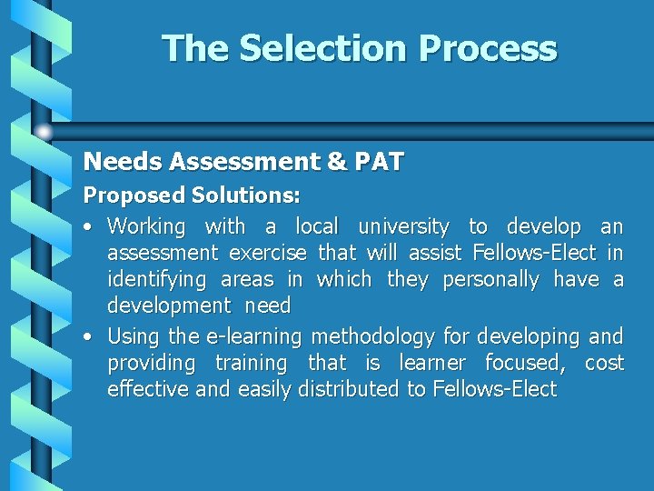 The Selection Process Needs Assessment & PAT Proposed Solutions: • Working with a local