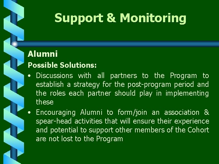 Support & Monitoring Alumni Possible Solutions: • Discussions with all partners to the Program