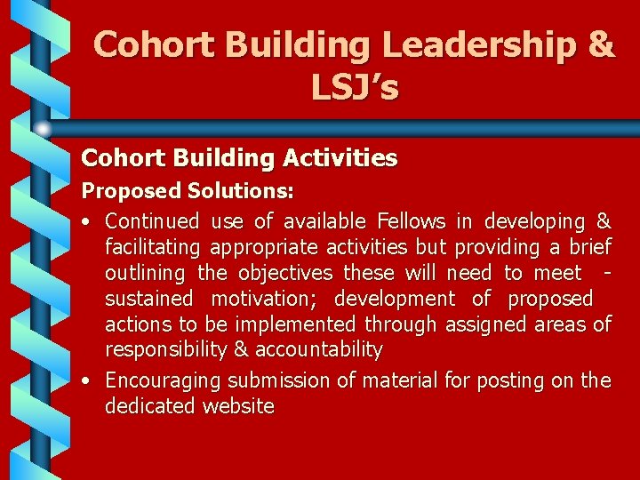 Cohort Building Leadership & LSJ’s Cohort Building Activities Proposed Solutions: • Continued use of