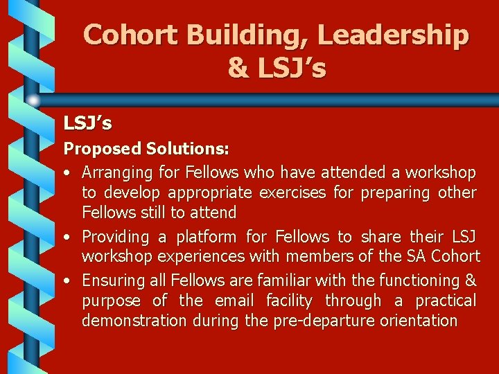 Cohort Building, Leadership & LSJ’s Proposed Solutions: • Arranging for Fellows who have attended