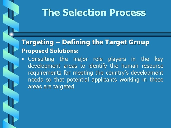 The Selection Process Targeting – Defining the Target Group Proposed Solutions: • Consulting the