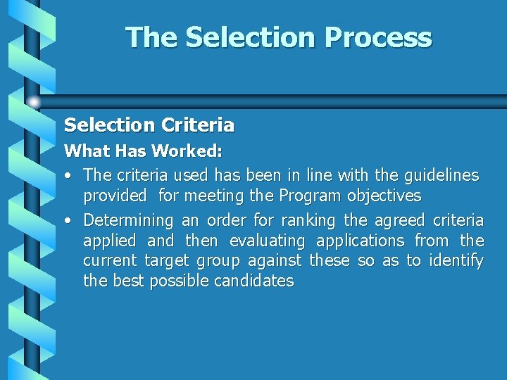 The Selection Process Selection Criteria What Has Worked: • The criteria used has been