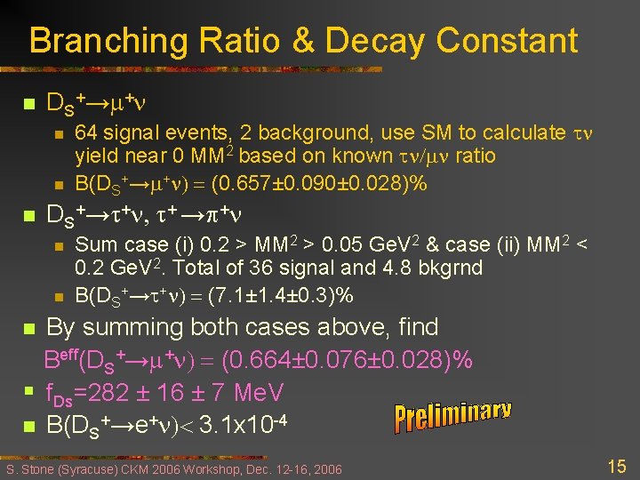 Branching Ratio & Decay Constant n DS+→m+ n n n 64 signal events, 2