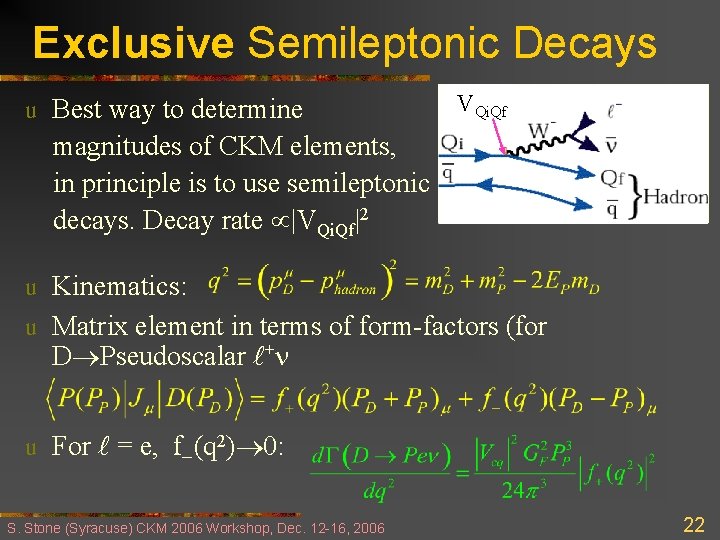 Exclusive Semileptonic Decays u Best way to determine VQi. Qf magnitudes of CKM elements,