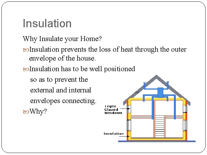 Insulation Why Insulate your Home? Insulation prevents the loss of heat through the outer