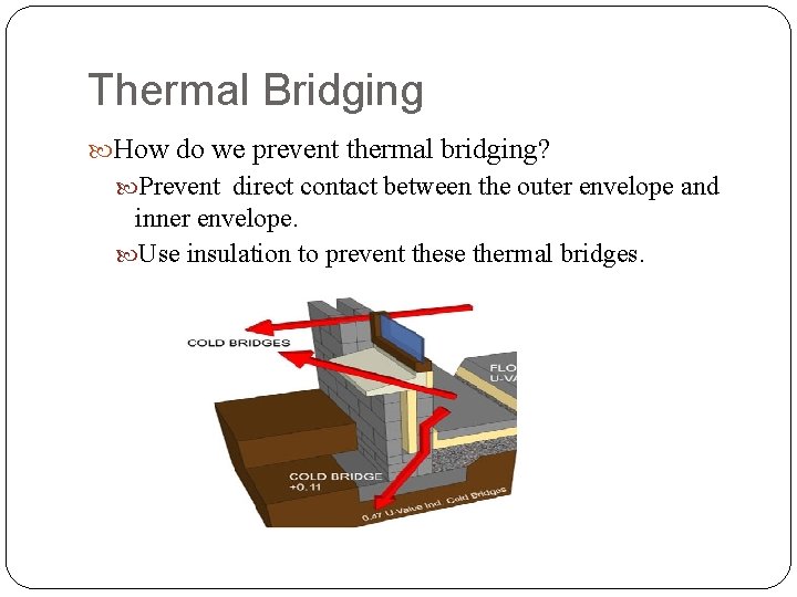 Thermal Bridging How do we prevent thermal bridging? Prevent direct contact between the outer