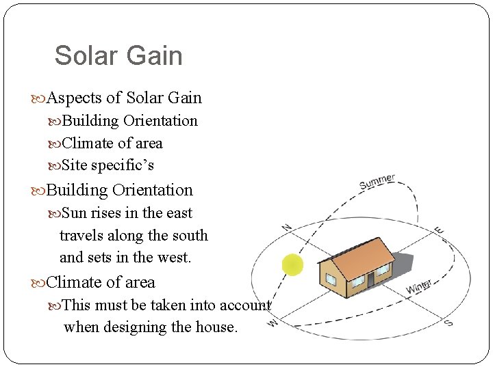 Solar Gain Aspects of Solar Gain Building Orientation Climate of area Site specific’s Building