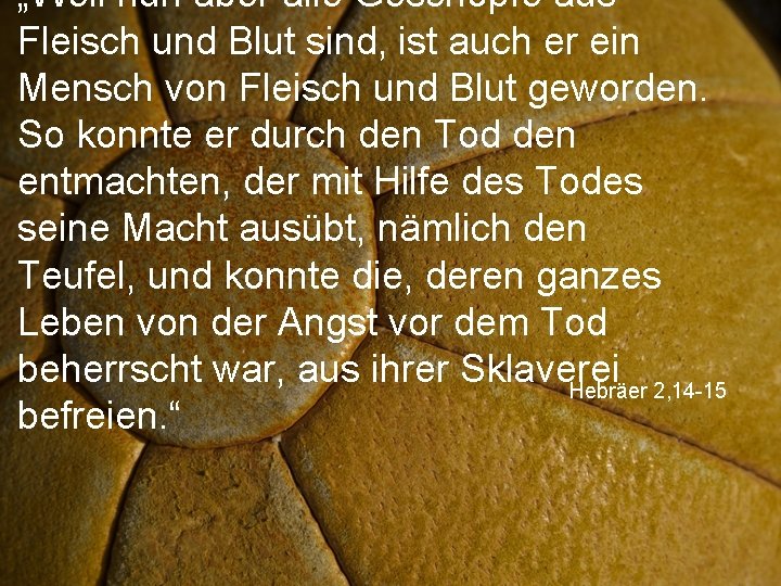 „Weil nun aber alle Geschöpfe aus Fleisch und Blut sind, ist auch er ein