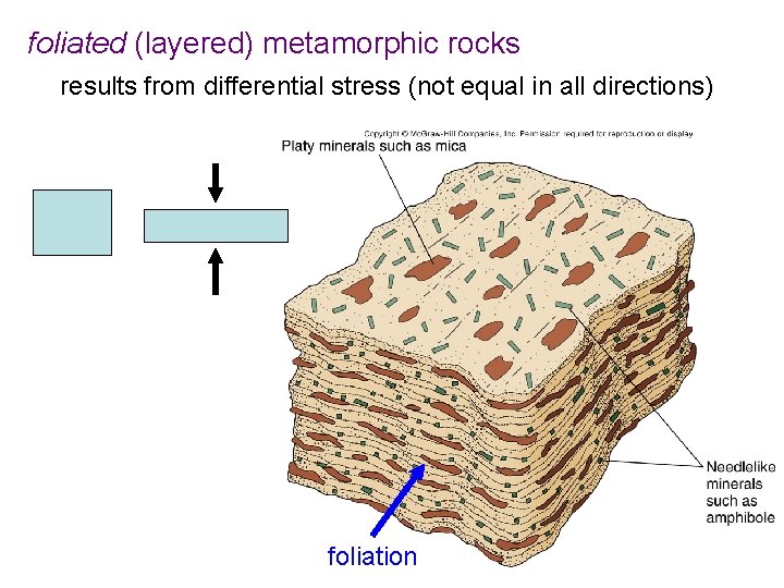 foliated (layered) metamorphic rocks results from differential stress (not equal in all directions) foliation