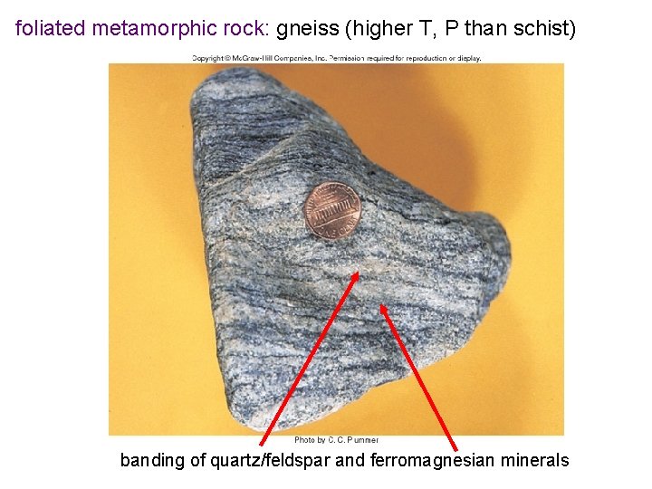 foliated metamorphic rock: gneiss (higher T, P than schist) banding of quartz/feldspar and ferromagnesian