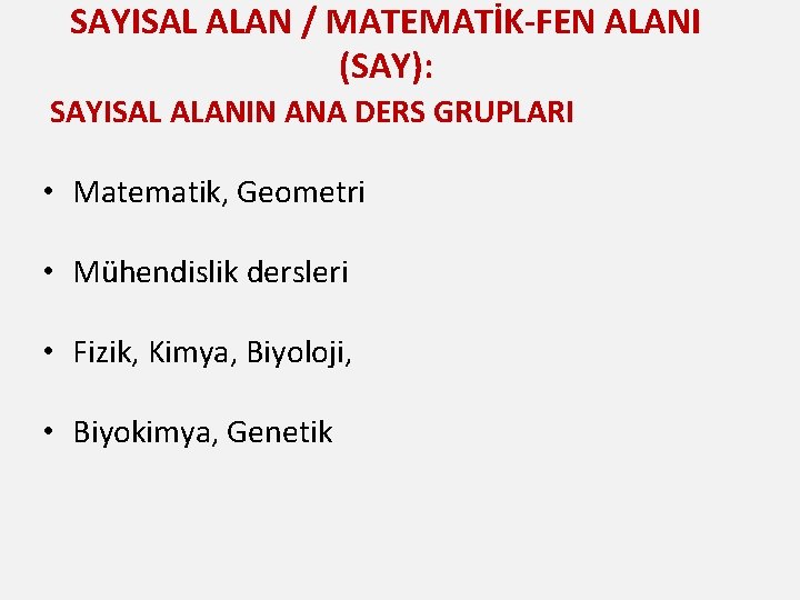 SAYISAL ALAN / MATEMATİK-FEN ALANI (SAY): SAYISAL ALANIN ANA DERS GRUPLARI • Matematik, Geometri