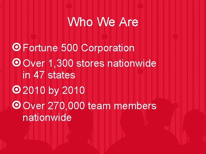 Who We Are Fortune 500 Corporation Over 1, 300 stores nationwide in 47 states