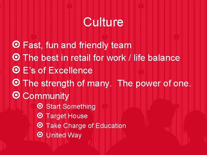 Culture Fast, fun and friendly team The best in retail for work / life